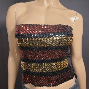 Vintage 70s 80 Disco Sequin Tube Top Size L Strapless Striped Brown Black Gold